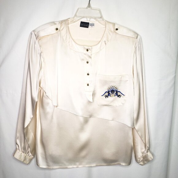 Levante 100% Silk Blouse Embroidered Pocket Size 12 Ivory Color - Picture 1 of 8